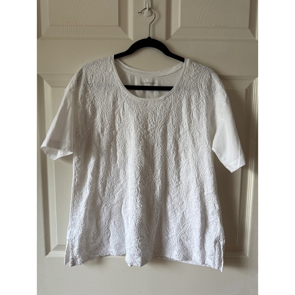 J. Jill Pure Jill Embroidered Top M White Organic Cotton Elbow Sleeve